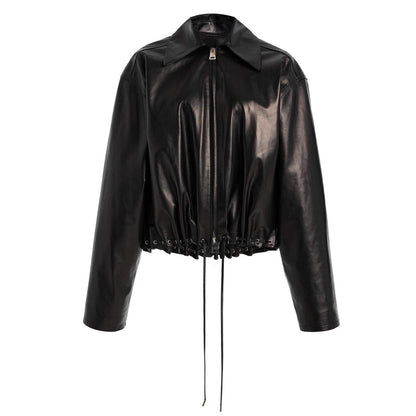 Black Glossy Faux Leather Cropped Jacket with Drawstring Hem for Women