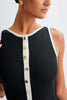 Black Contrast Trim Sleeveless Button Knit Dress