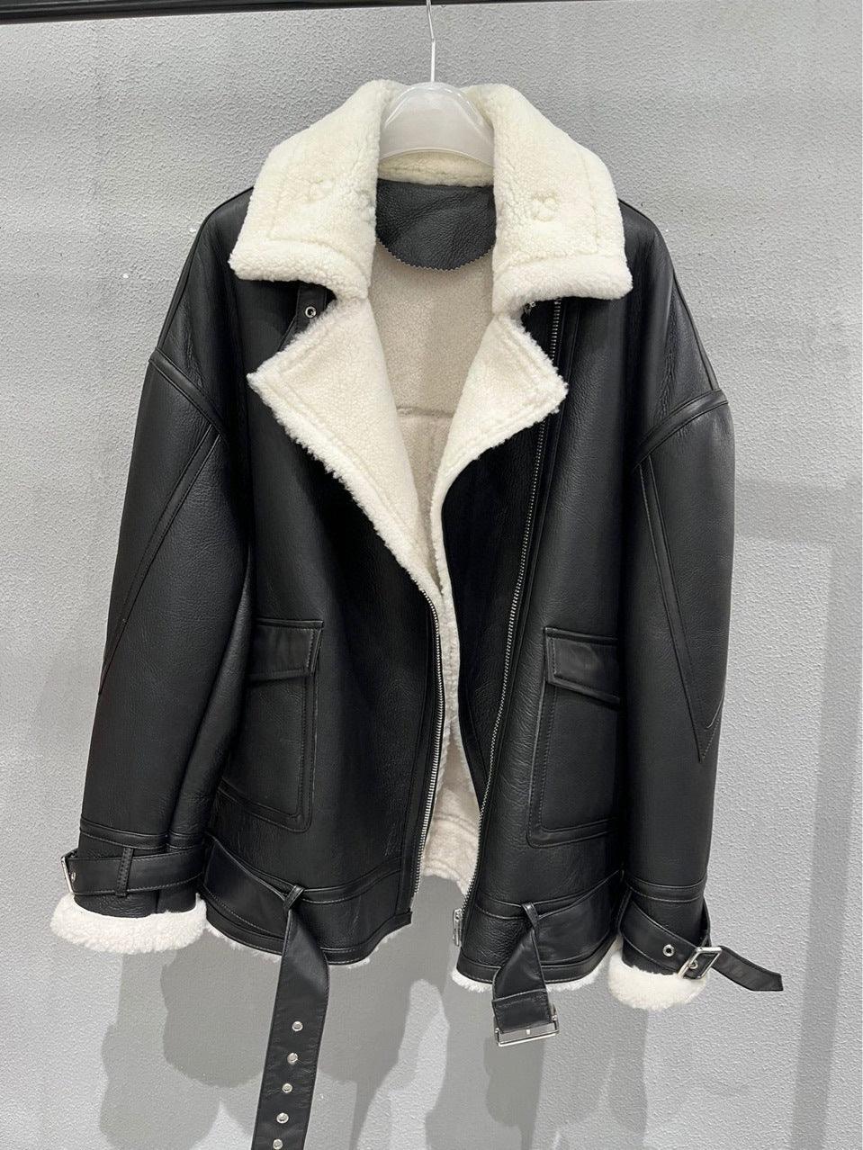 Women Genuine Leather Bomber Jacket with Real Fur Black S