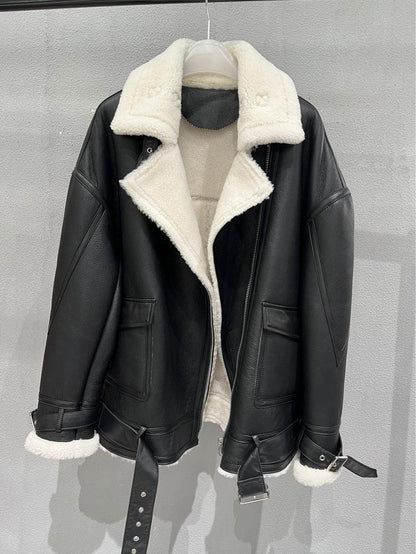 Women Genuine Leather Bomber Jacket with Real Fur Black S