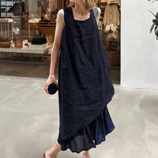 linen irregular hem midi dress layered summer sleeveless loose fit 1