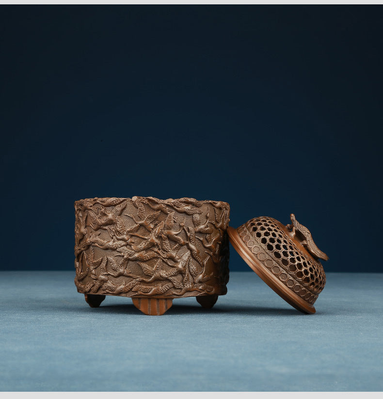 Copper Incense Burner with Crane Design and Decorative Pierced Lid