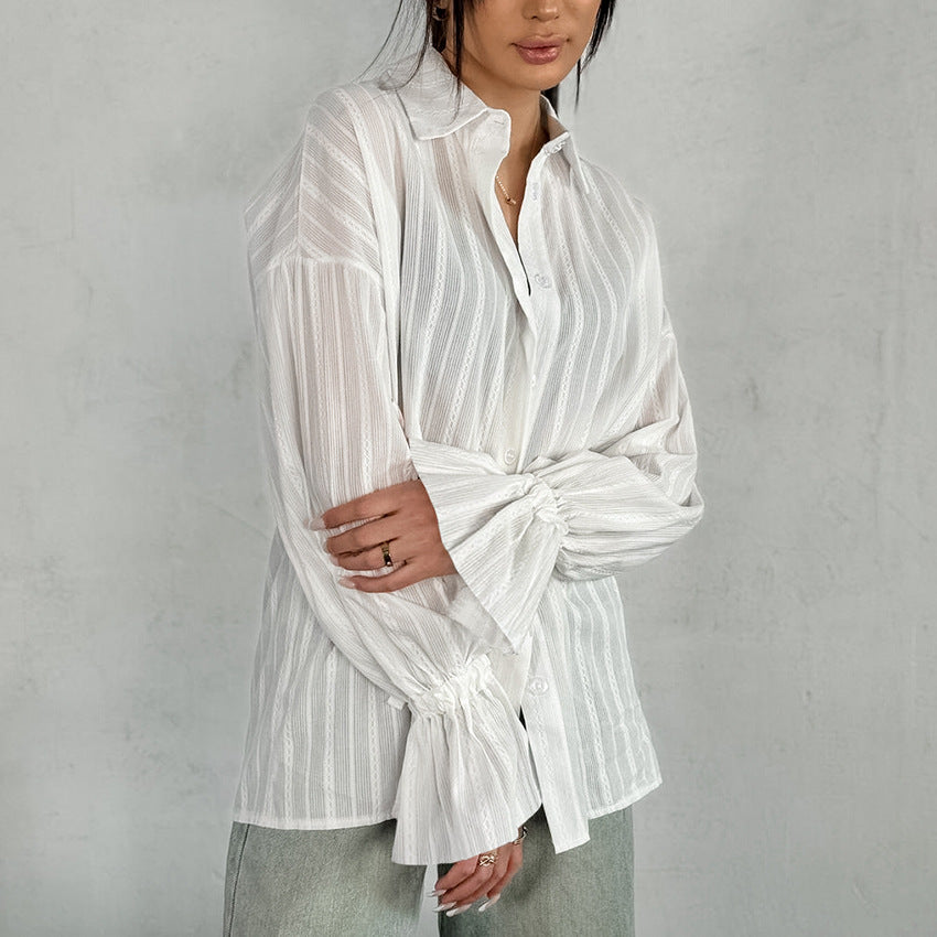 Women’s White Jacquard Cotton Shirt with Bell Sleeves