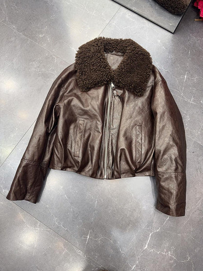 Genuine leather women bomber jacket with fur collar Brown