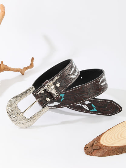 Women’s Western Faux Leather Belt with Ornate Cowgirl Buckle