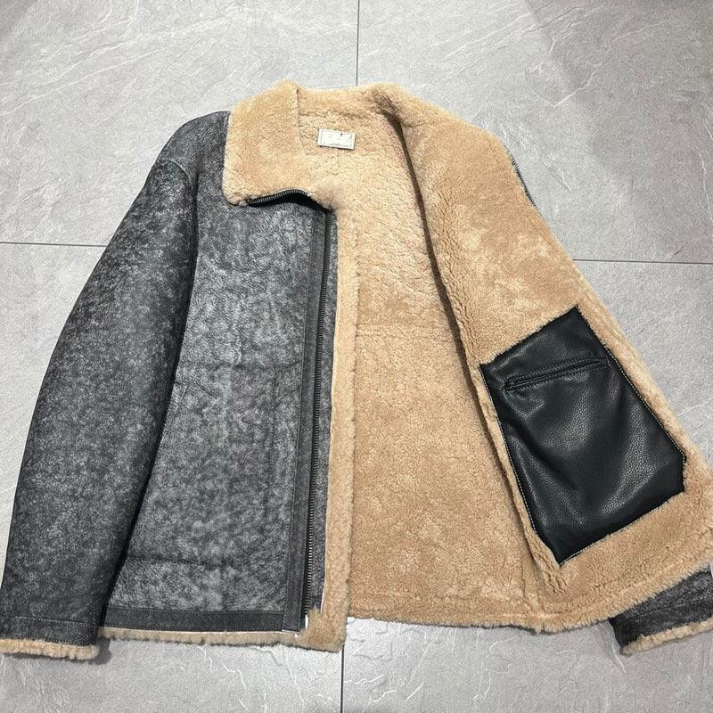 Men Real Shearling Bomber Jacket Aviator Winter Coat