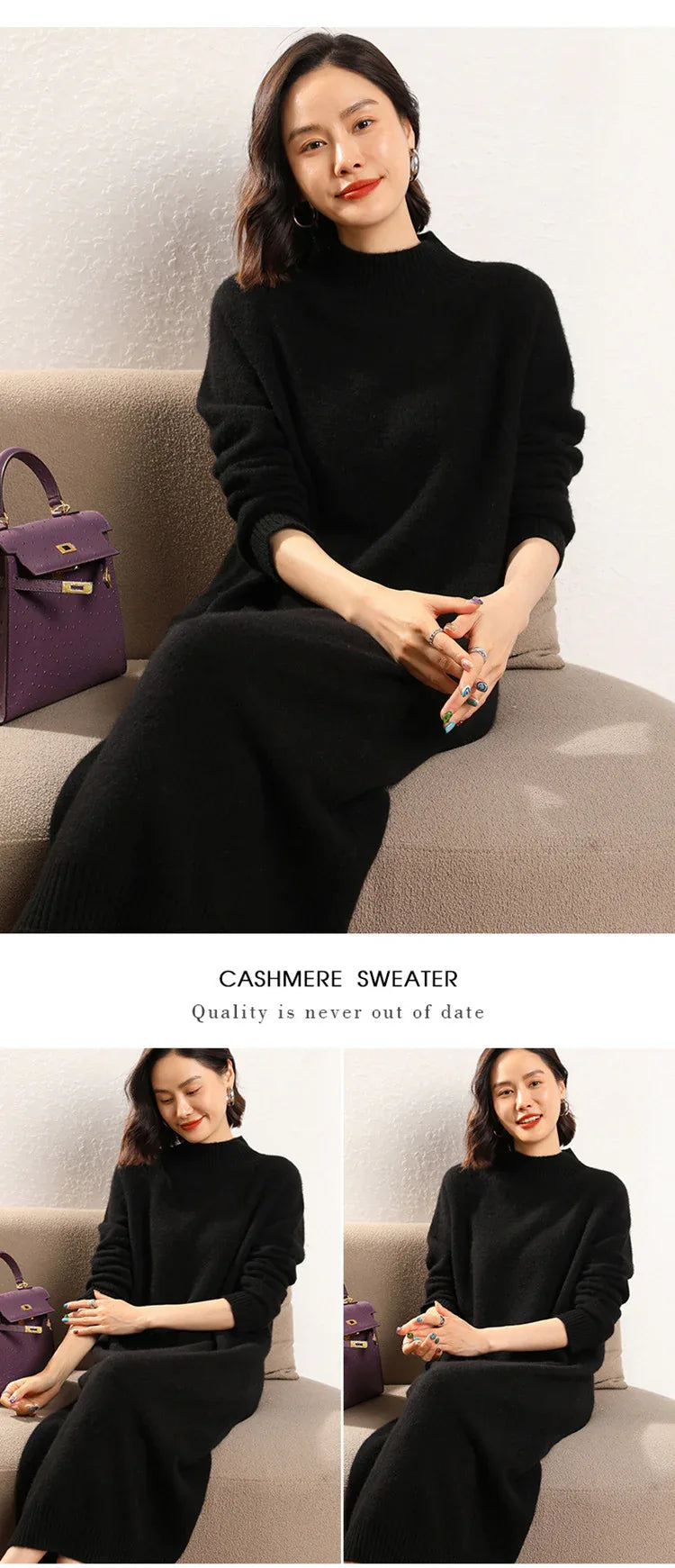 Women Cashmere Turtleneck Midi Knit Dress