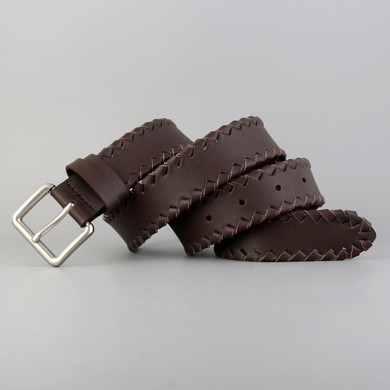 Women’s Braided Leather Belt Genuine Cowhide Silver Buckle