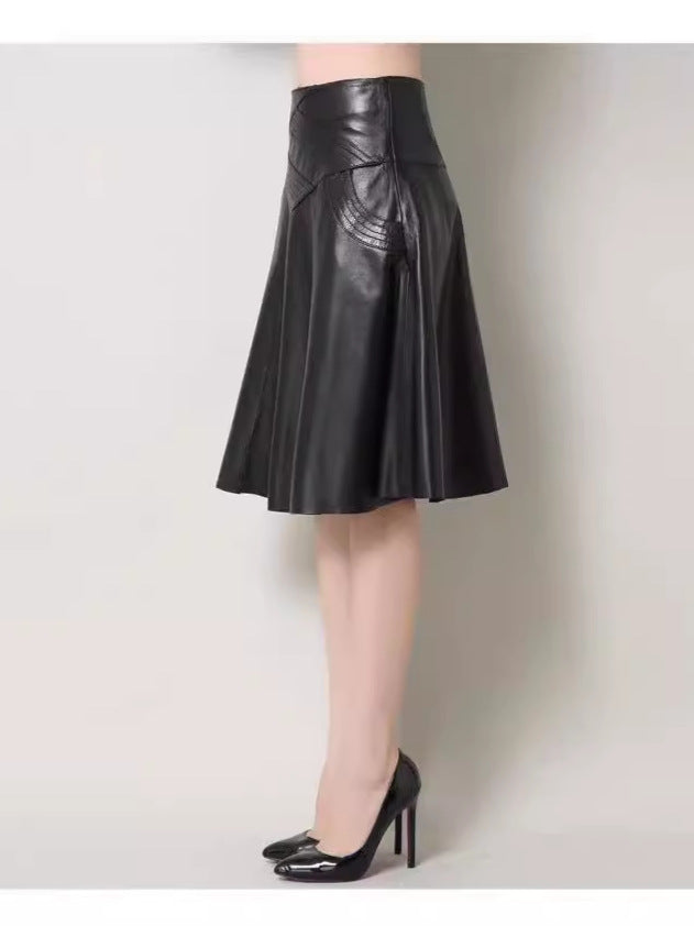 High Waist Leather Midi Skirt Black Swing A-Line Skirt