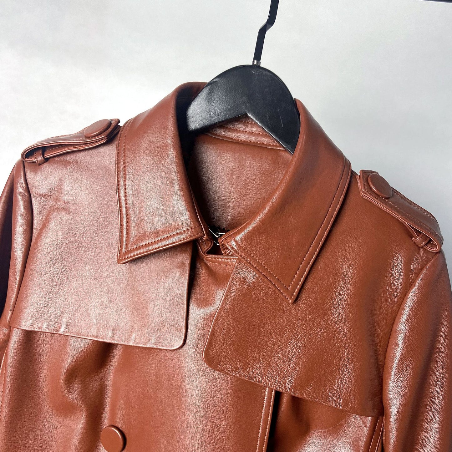 Women Genuine Leather Double Breasted Trench Coat With Belt