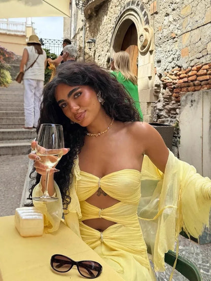 Strapless knot front yellow mini dress