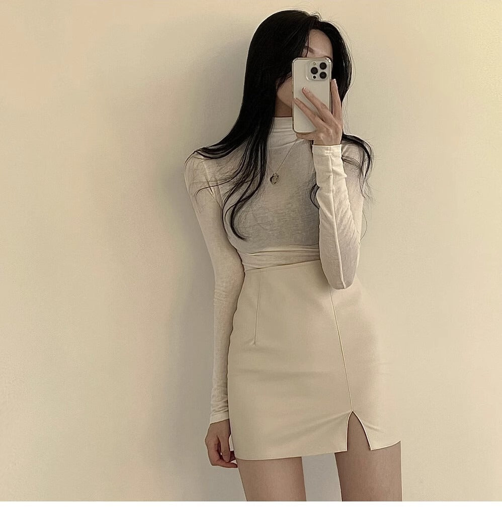Faux Leather Skirt Zipper Back Split Hem