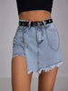 Asymmetrical denim mini skort with frayed hem
