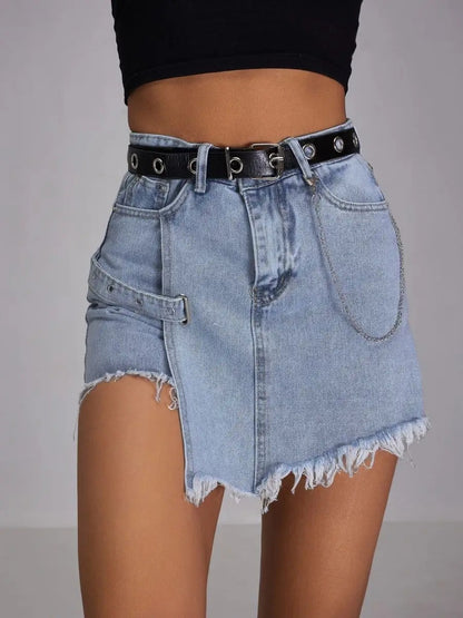 Asymmetrical denim mini skort with frayed hem
