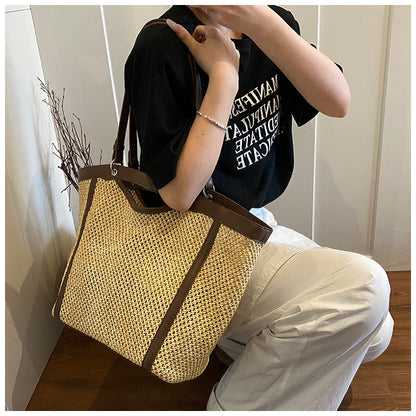 Woven Straw Beach Bag with PU Leather Trim