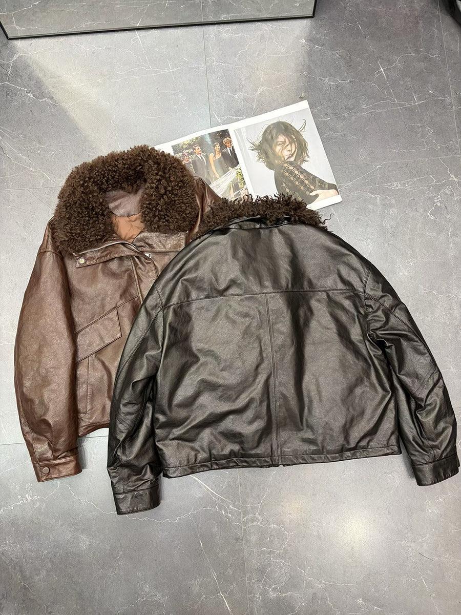 Women waxed leather aviator fur down jacket