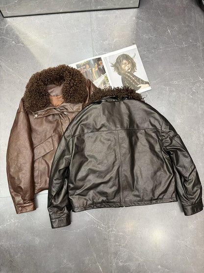 Women waxed leather aviator fur down jacket