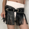 Women black fringe belt skirt high waist studded faux leather wrap