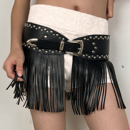 Women black fringe belt skirt high waist studded faux leather wrap