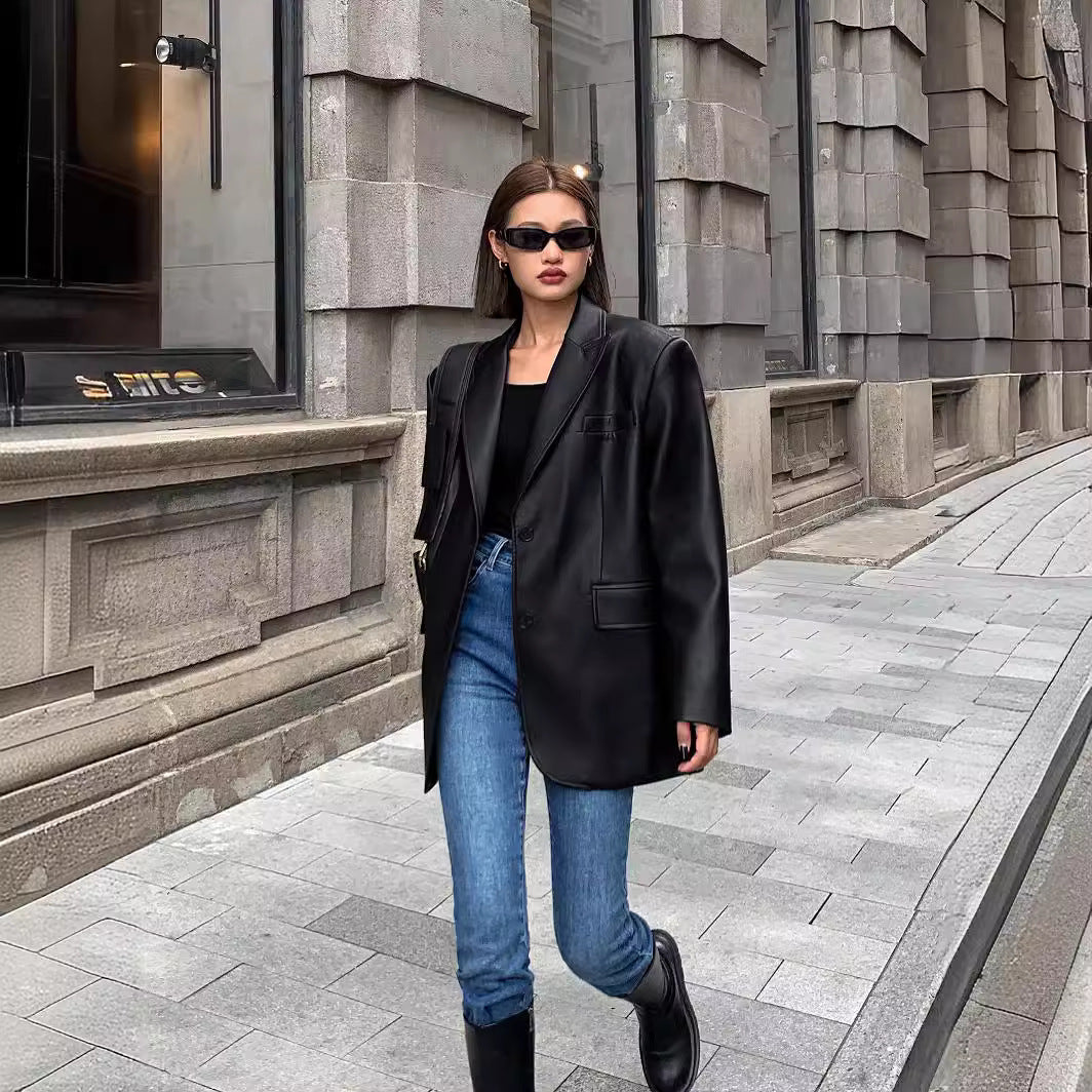 Women faux leather blazer suit jacket brown