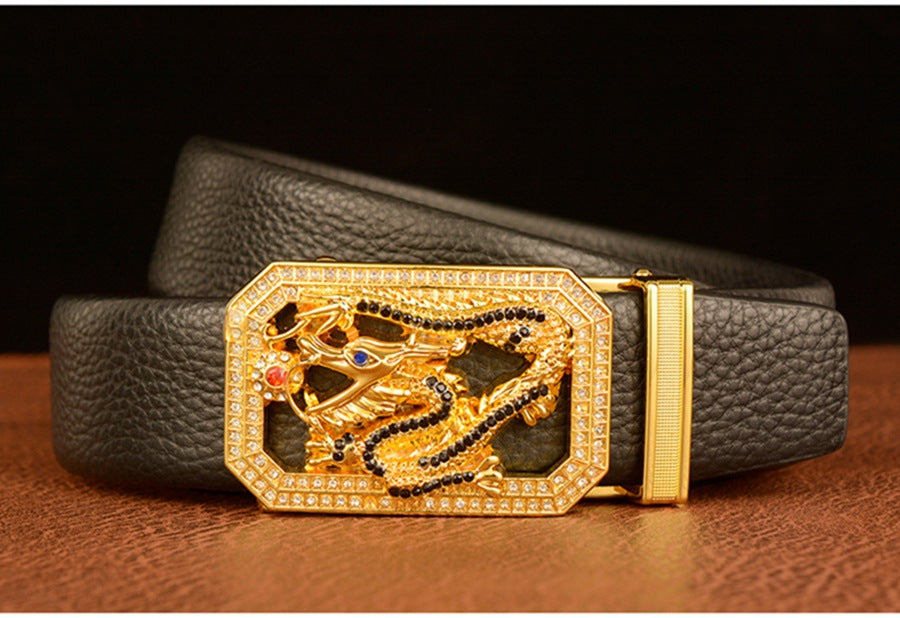 Men’s Cowhide Leather Belt with Rhinestone Dragon Buckle