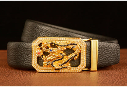 Men’s Cowhide Leather Belt with Rhinestone Dragon Buckle