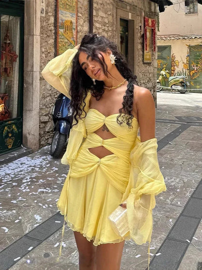 Strapless knot front yellow mini dress