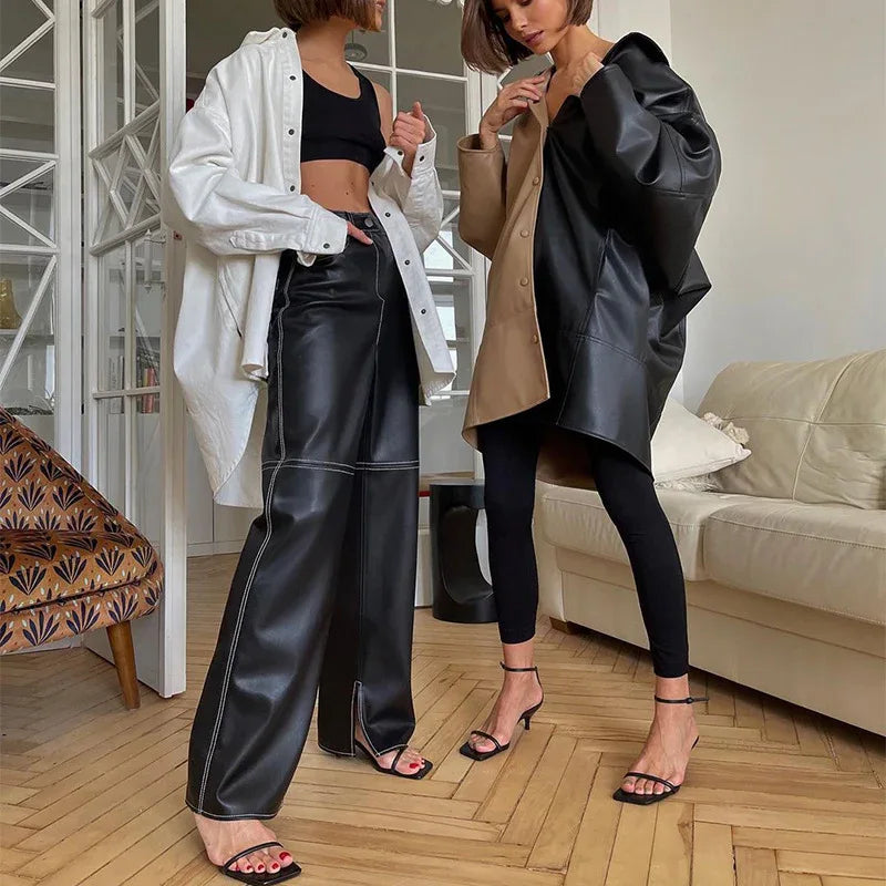 Women faux leather wide leg pants high waist