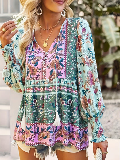Tassel tie boho blouse with patchwork floral panels