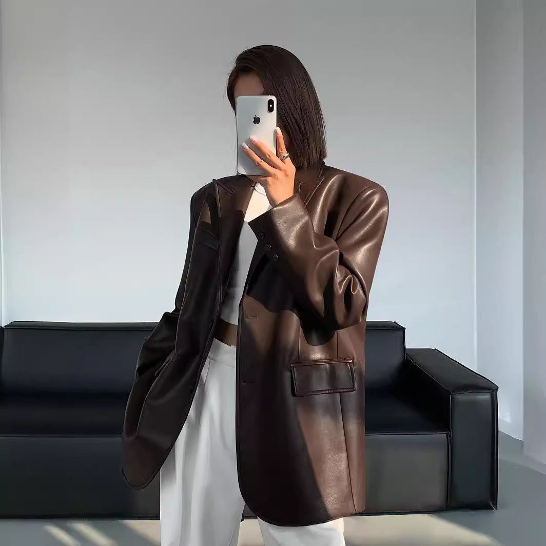 Women faux leather blazer suit jacket brown