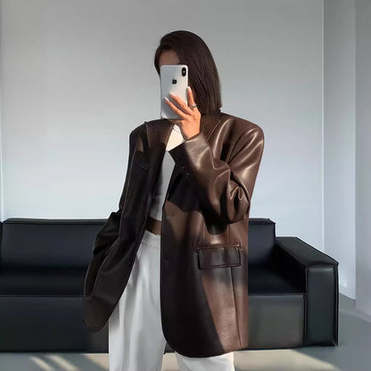 Women faux leather blazer suit jacket brown