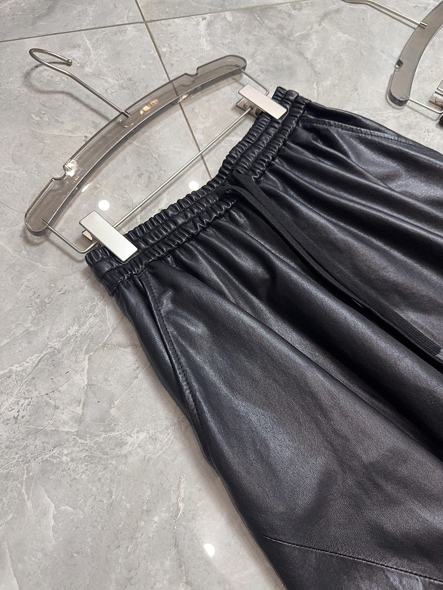 Women’s Leather Maxi Skirt Drawstring Long Skirt