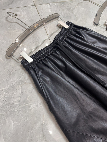 Women’s Leather Maxi Skirt Drawstring Long Skirt
