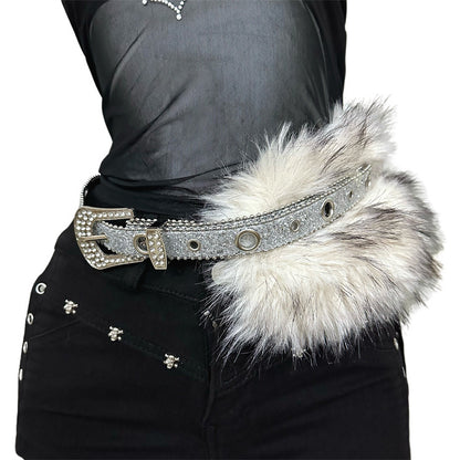 Faux fur diamond waist belt women y2k rhinestone punk style