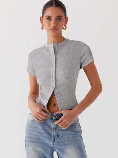 Women Tripe Slim Button Short Sleeve Top