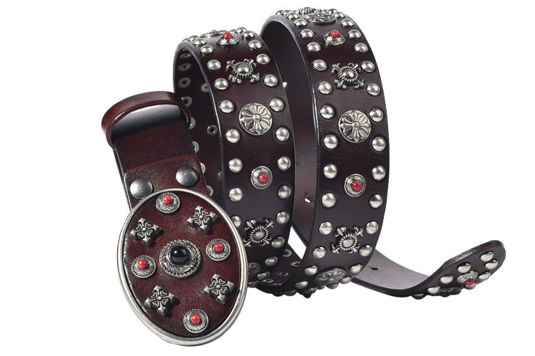 Black Leather Biker Belt with Rivets for Men and Women