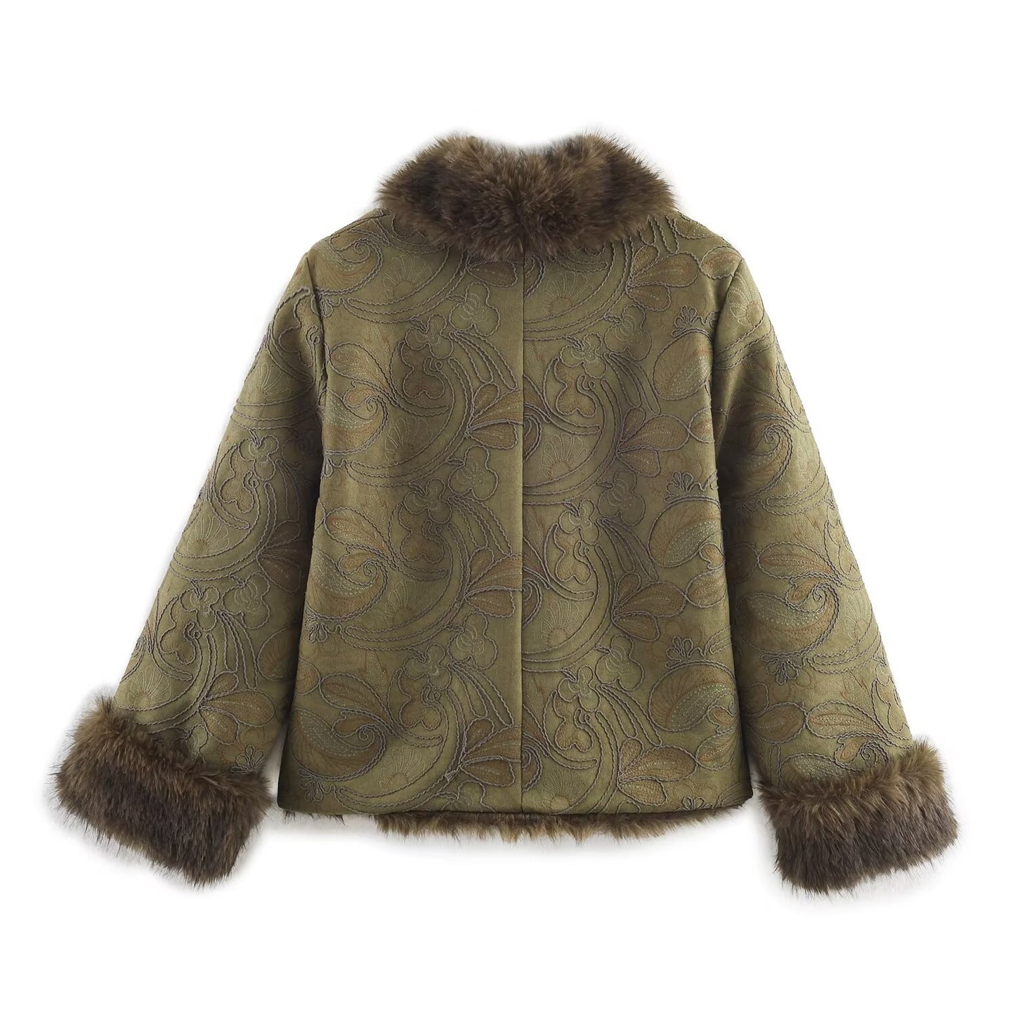 Embroidered reversible faux fur short coat
