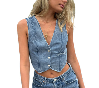 Women's Denim Vest Top With Front Buttons