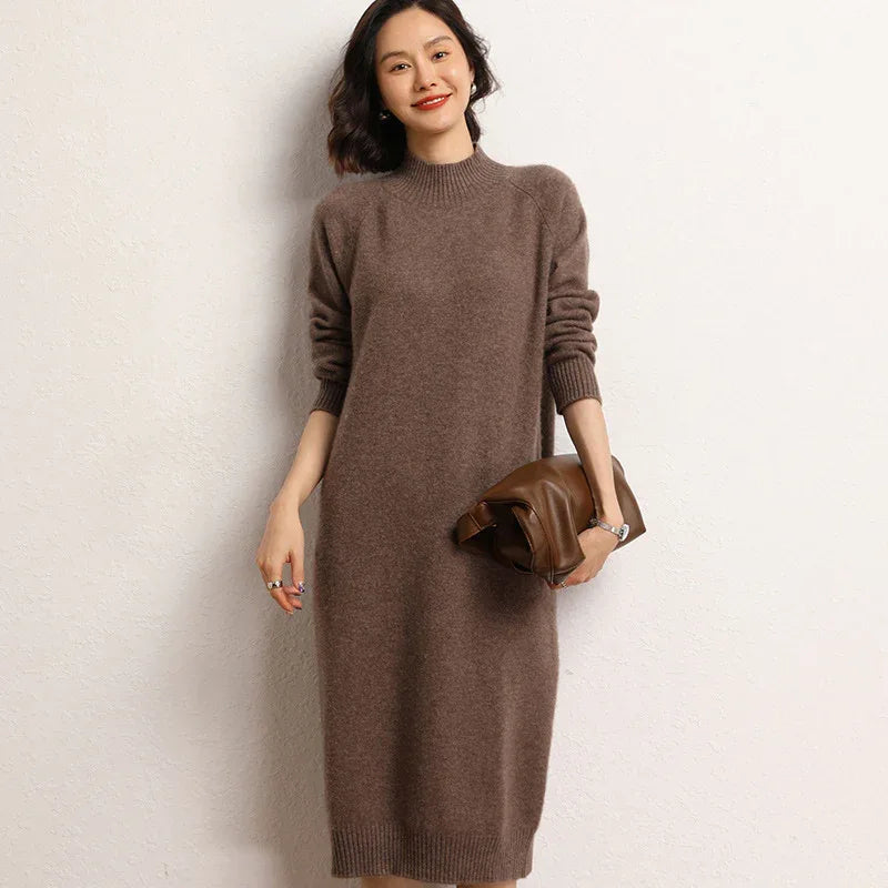 Women Cashmere Turtleneck Midi Knit Dress