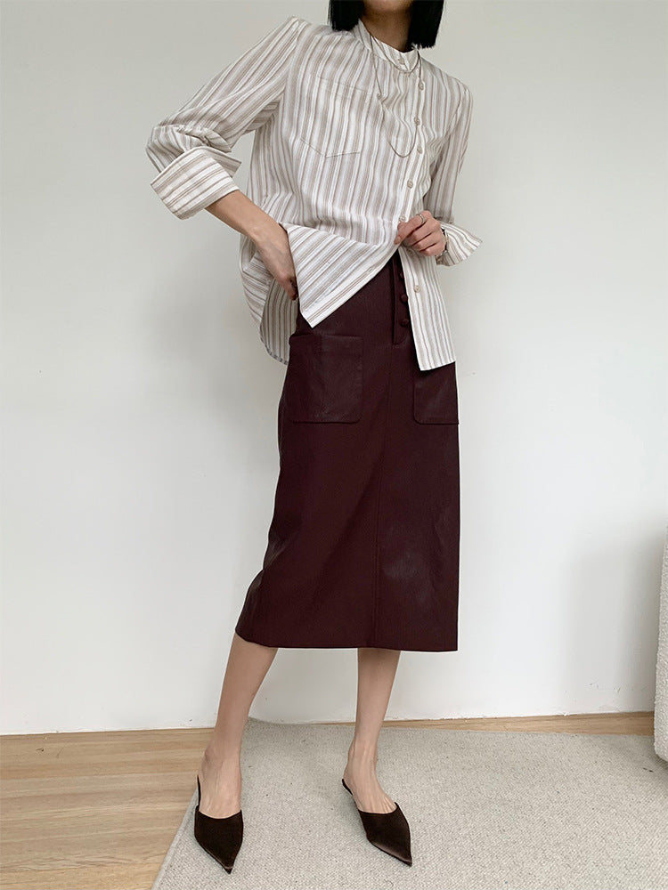 High Waisted PU Leather Pencil Skirt with Front Buttons
