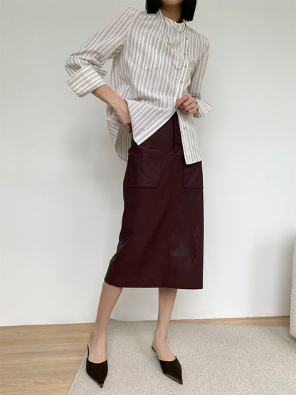 High Waisted PU Leather Pencil Skirt with Front Buttons