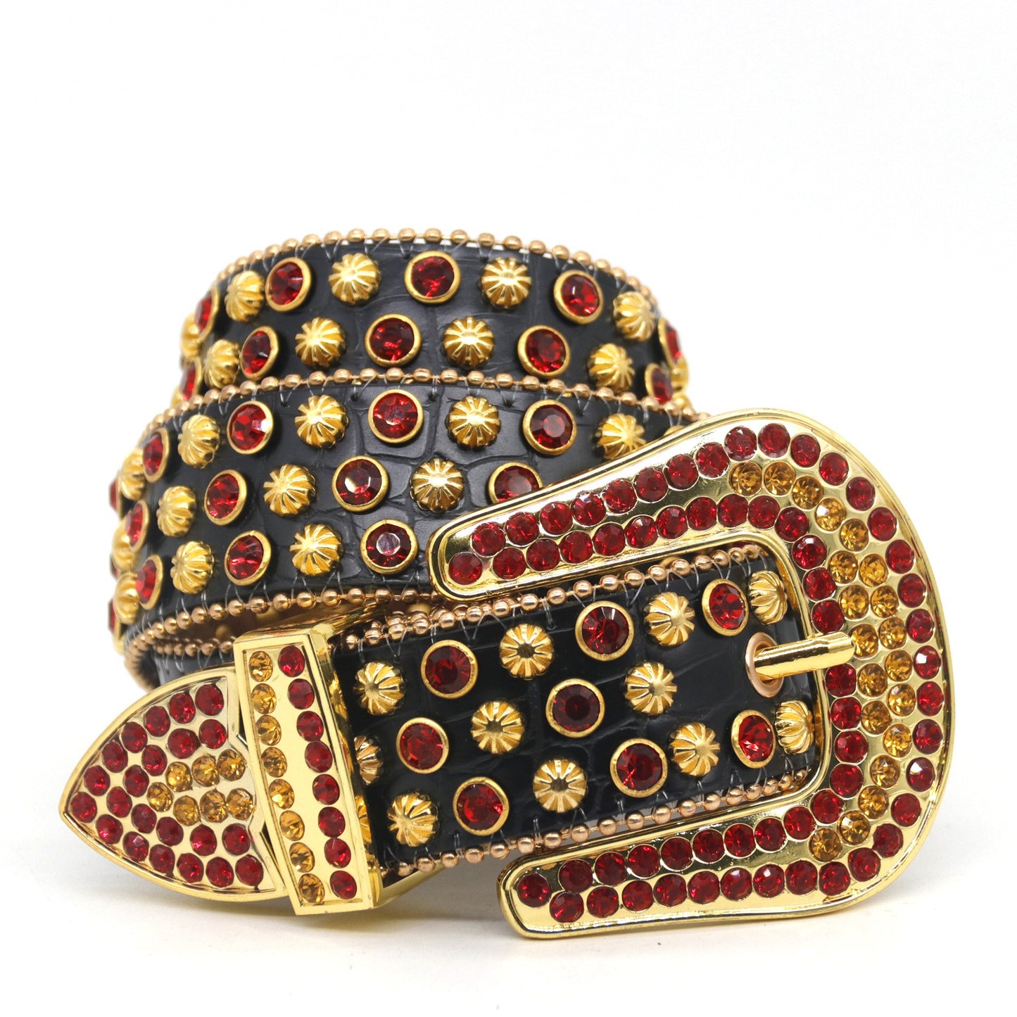 Black rhinestone studded punk leather belt for men streetwear