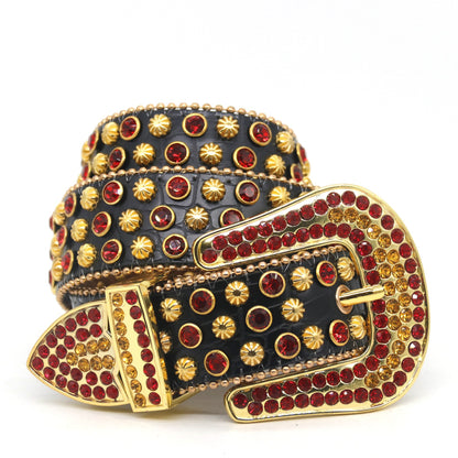 Black rhinestone studded punk leather belt for men streetwear