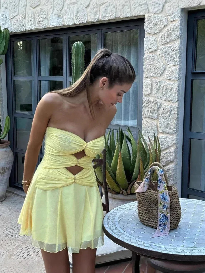 Strapless knot front yellow mini dress