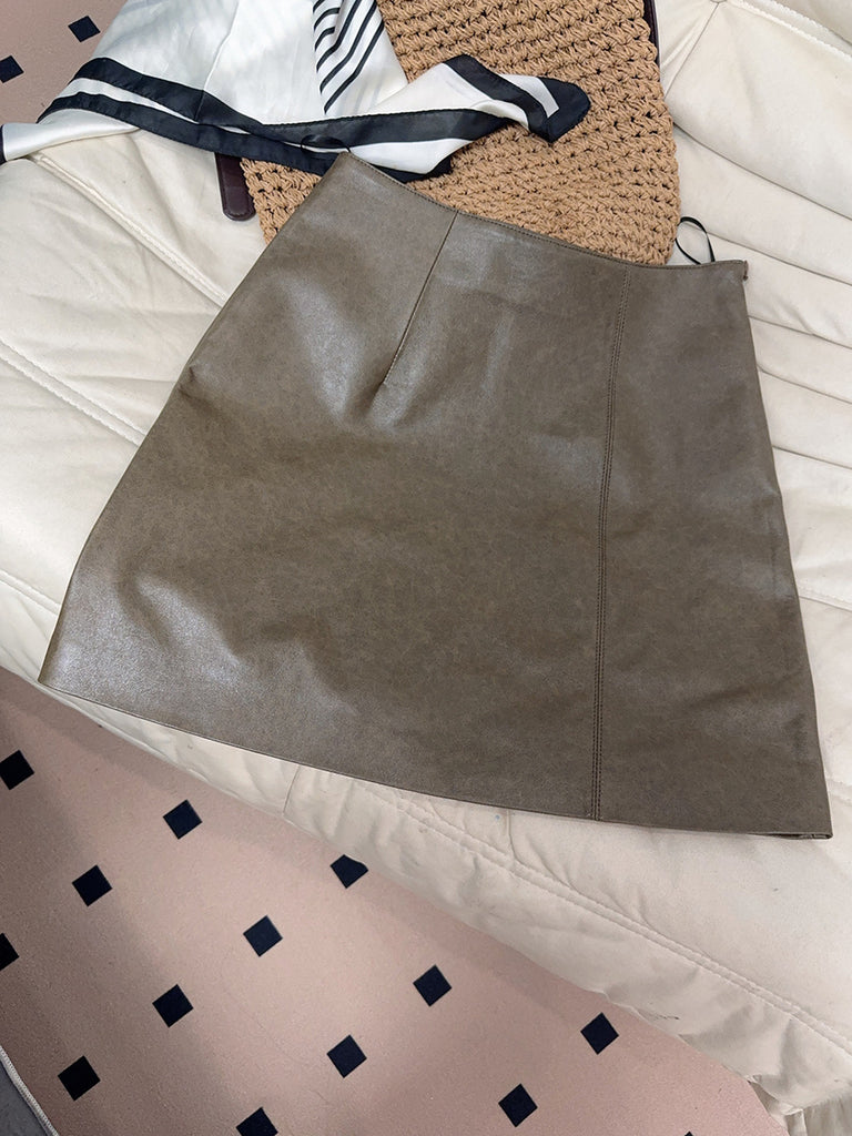 Women Leather Mini Skirt High Waist A-Line with Slit