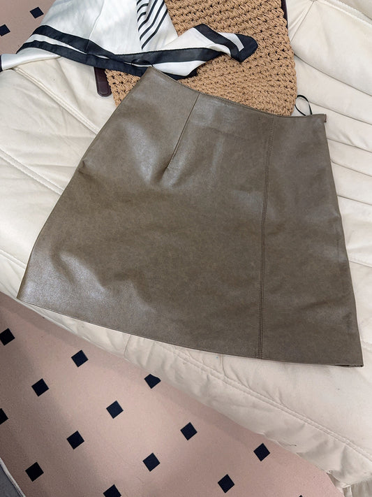 Women Leather Mini Skirt High Waist A-Line with Slit