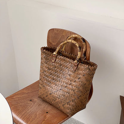 Large Rattan Beach Tote Bag with Bamboo Handles