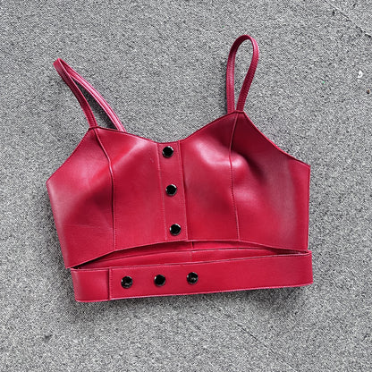 Leather Camisole Vest Cropped Corset Top with Snap Belt