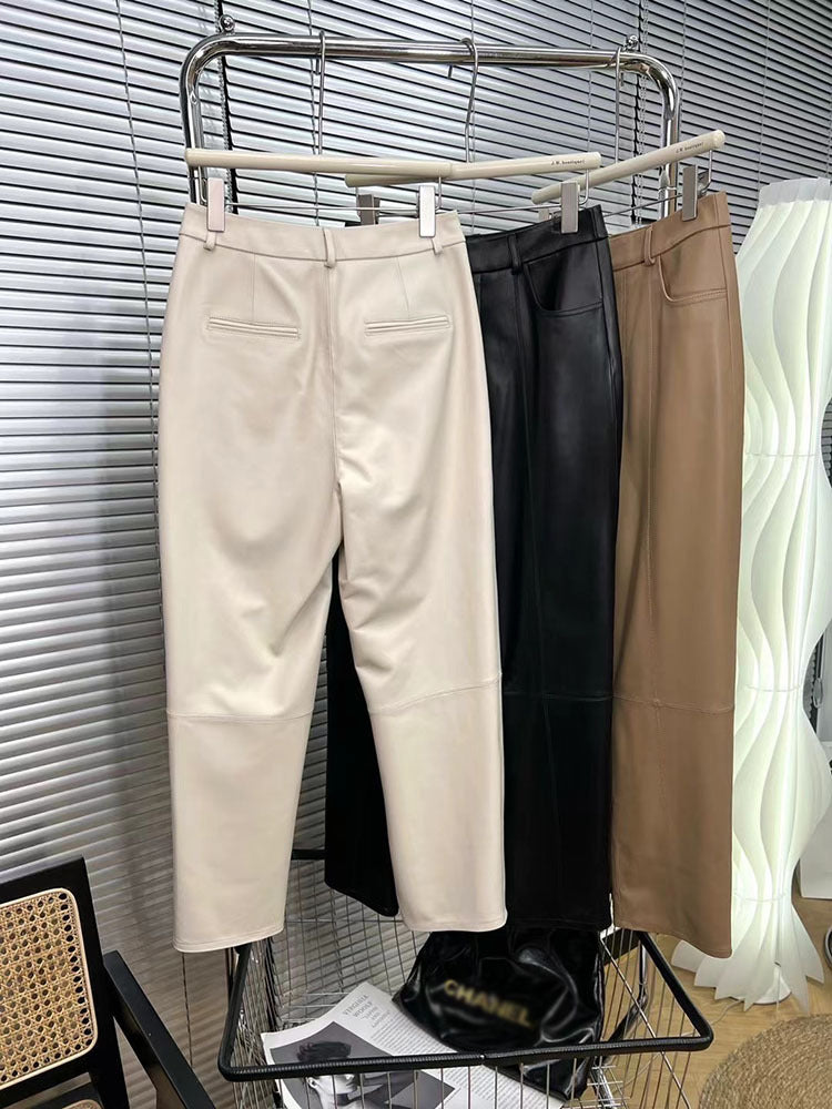 Women Leather Cropped Harem Straight Leg Pants
