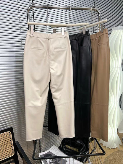 Women Leather Cropped Harem Straight Leg Pants
